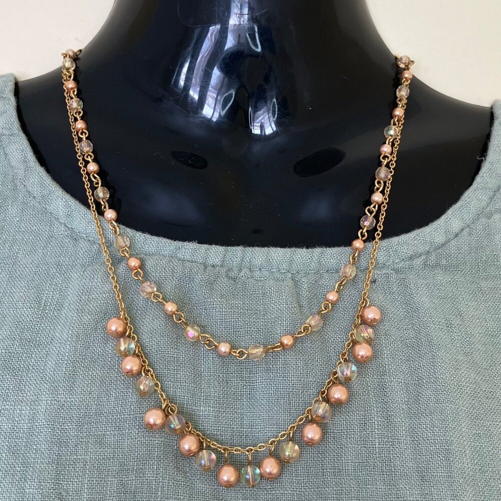 Layered Pearl Drop Double Necklace Dainty Iridescent Beaded Gold-Tone Chain